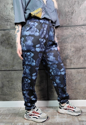 Teddy bear print joggers handmade Gothic overalls in blue