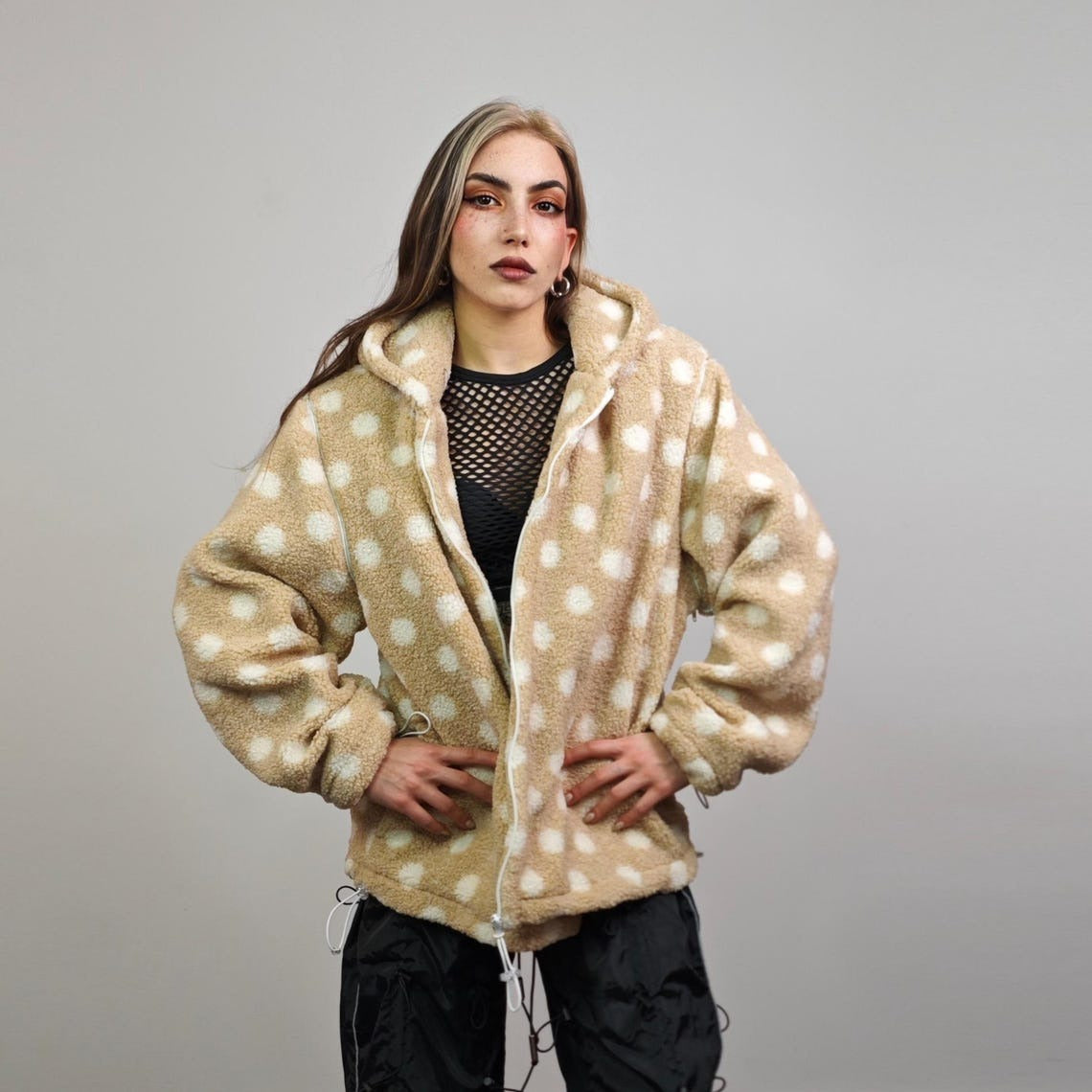 Polka dot fleece jacket beige spot pattern hood bomber retro geometric coat detachable sleeves handmade preppy overcoat fluffy festival set