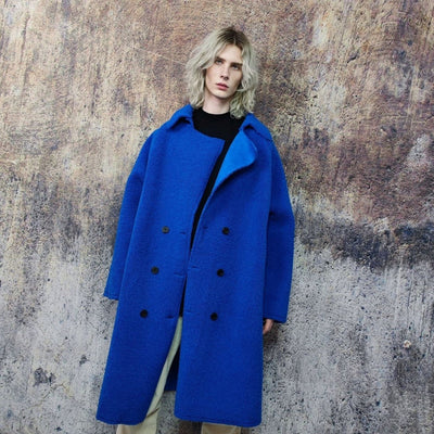 Cobalt blue fleece coat neon trench double breasted festival jacket going our rave mac fluffy preppy overcoat Smurf poncho in bright blue