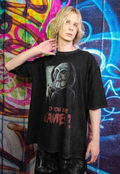 Jigsaw t-shirt old horror movie tee Gothic top in acid black