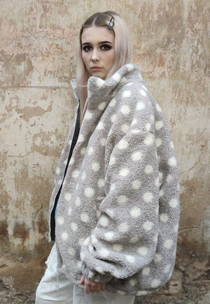 Polka dot fleece jacket handmade fluffy spot bomber in grey