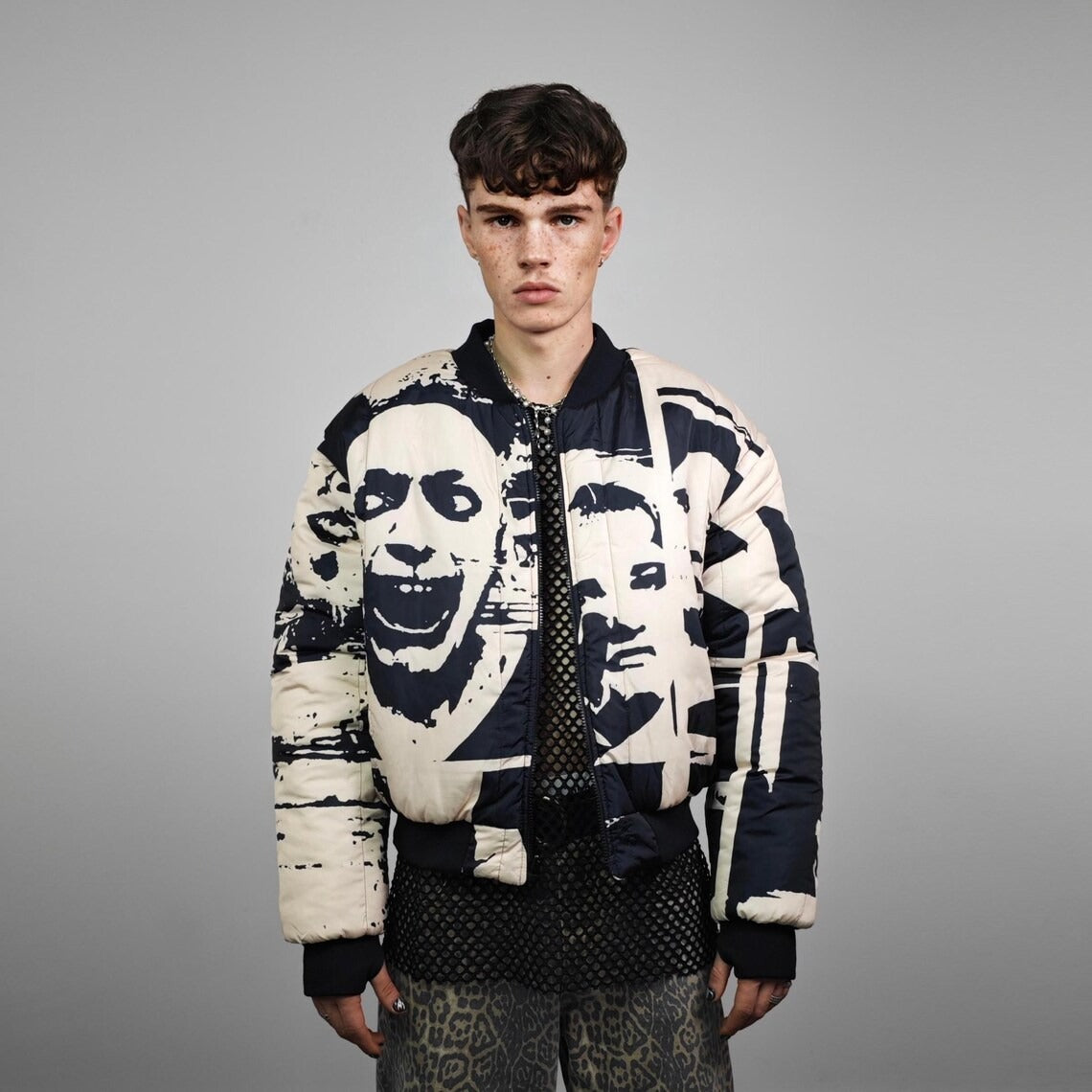 Witch print bomber horror fan jacket scary movie reversible college varsity detachable sleeves handmade Gothic puffer punk rocker coat cream