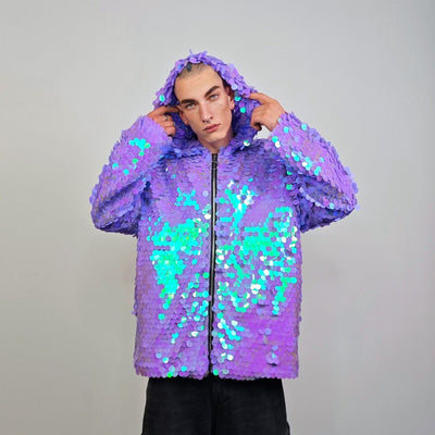 Pink sequin jacket hooded mermaid bomber holographic pullover luminous festival coat rave top fairy overcoat carnival sweatshirt