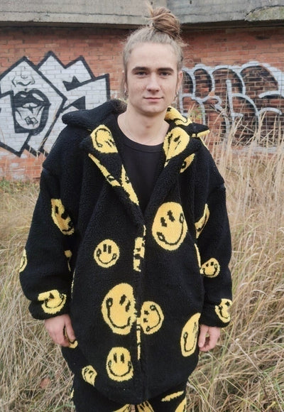 Emoji fleece jacket handmade 2 in 1 retro smile coat black