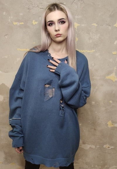 Asymmetric ripped sweater knitted distress jumper in blue