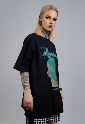 Raver print t-shirt techno tee futuristic cyber top in black