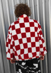 Reversible check fleece jacket handmade chess coat red