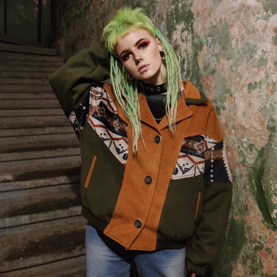 Retro tribal varsity jacket Aztec bomber festival coat native American jacket velvet feel coat catwalk Ethnic pattern patchwork coat green