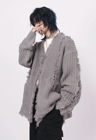 Ripped cardigan stripe textured jumper knitted punk top grey