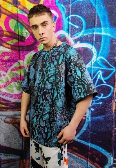 Snake print tee handmade python t-shirt rave top in blue