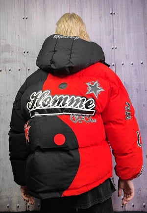 Skeleton puffer split color bomber jacket grunge varsity red