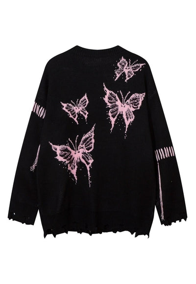 Distressed knitted jumper butterfly sweater ripped top grey