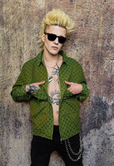 Letter print aviator jacket retro jacquard bomber in green