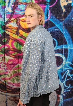 Embellished denim jacket embroidered denim bomber in blue