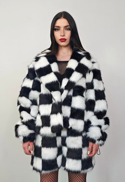 SKA check trench coat faux fur cropped plaid hooded jacket