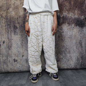 Golden faux fur joggers metallic pants handmade luminous fleece raver trousers premium party overalls in white and gold