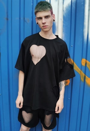 Heart cutout tee handmade transparent mesh t-shirt black