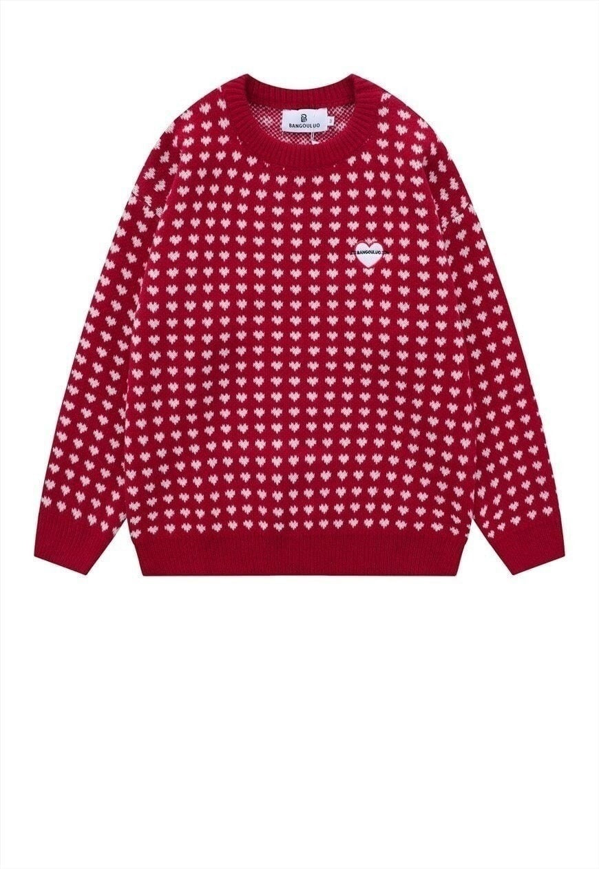 Retro heart sweater vintage pattern jumper 80s top in Red