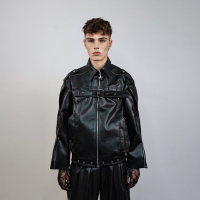 Faux leather biker jacket grunge motorcycle bomber PU utility coat belted racing trench rave varsity rubber high fashion gothic puffer black