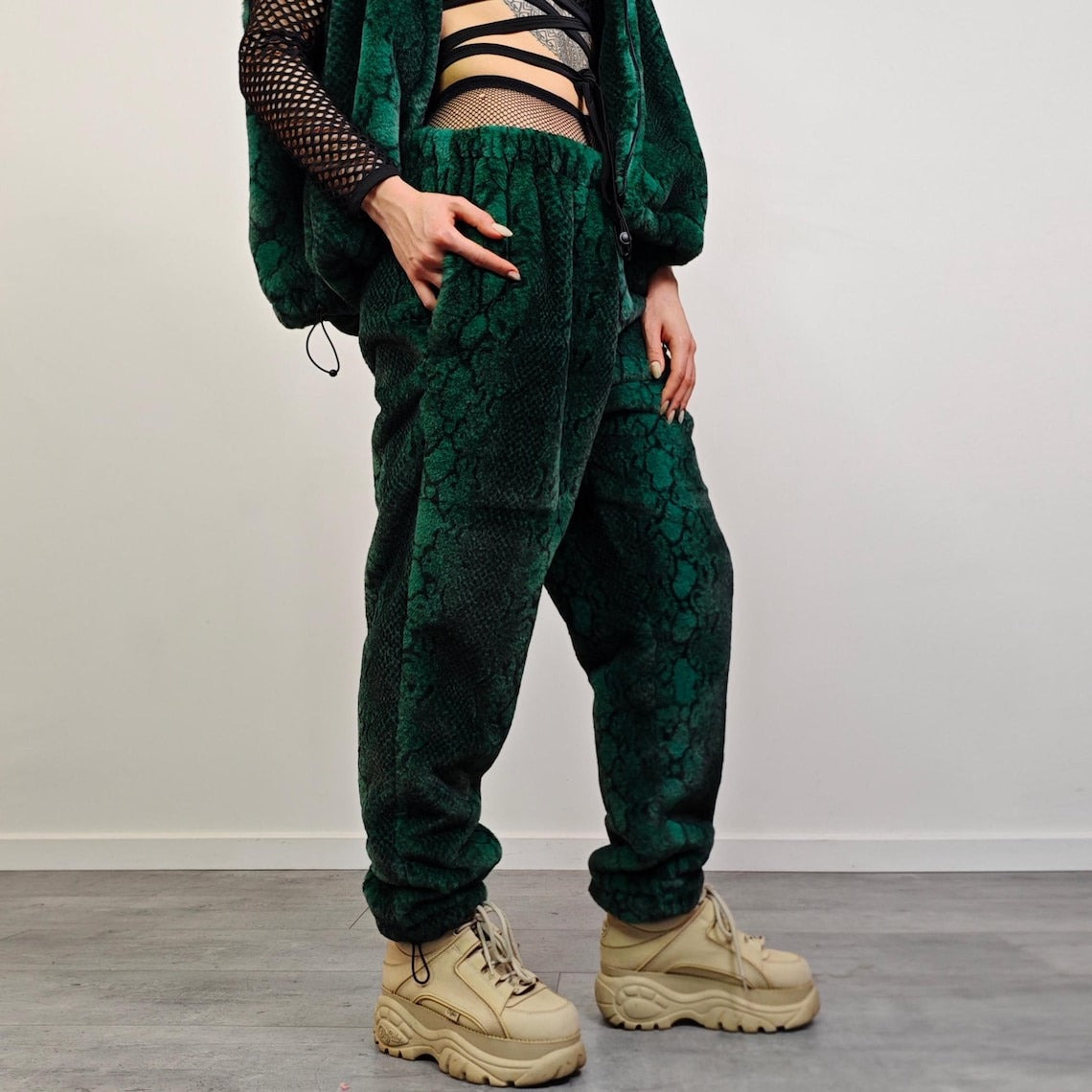 Snake faux fur joggers green python trousers crocodile pants rave fluffy overalls festival bottoms burning man fleece set