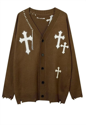 Cross patch cardigan knitted ripped jumper distressed top