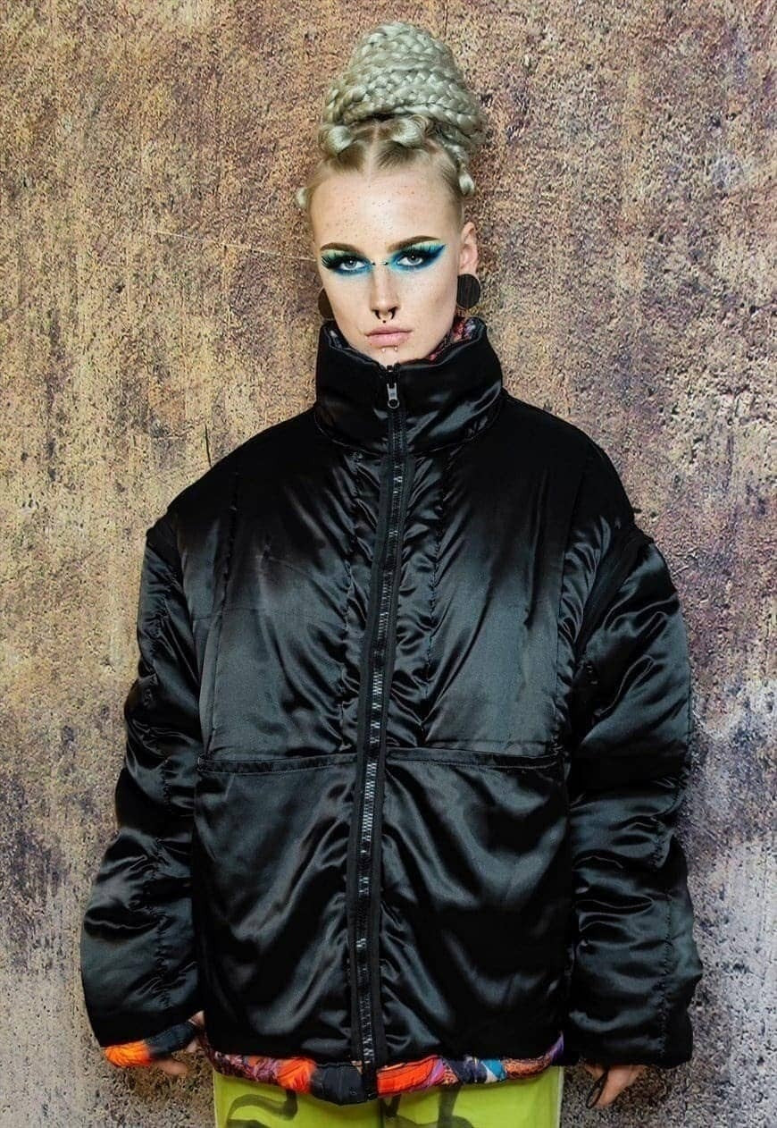 Psychedelic bomber jacket detachable raver puffer in rainbow