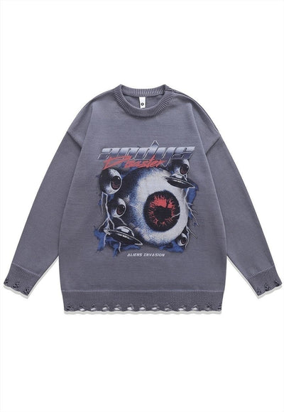 Alien sweater knitted distressed UFO print jumper in beige