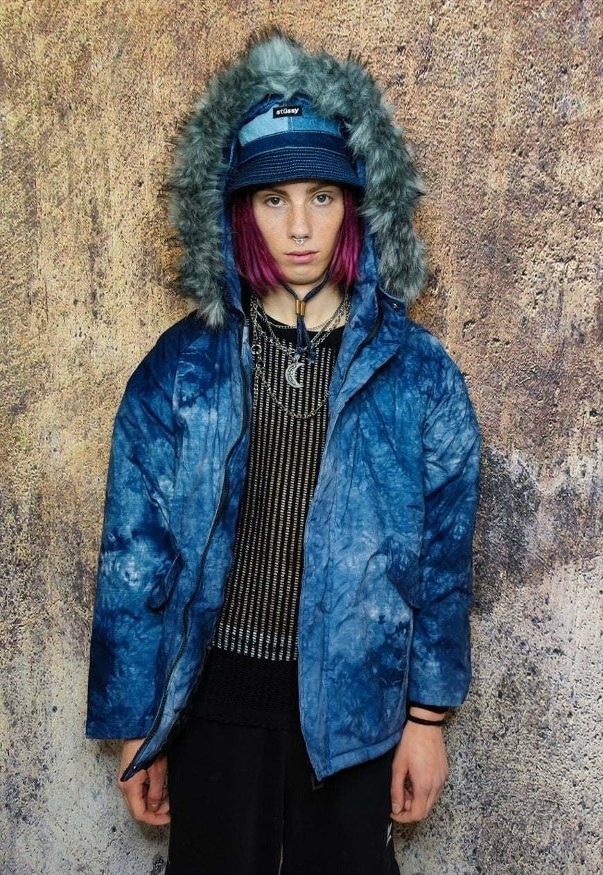 Gradient space print parka tie-dye print bomber coat in blue
