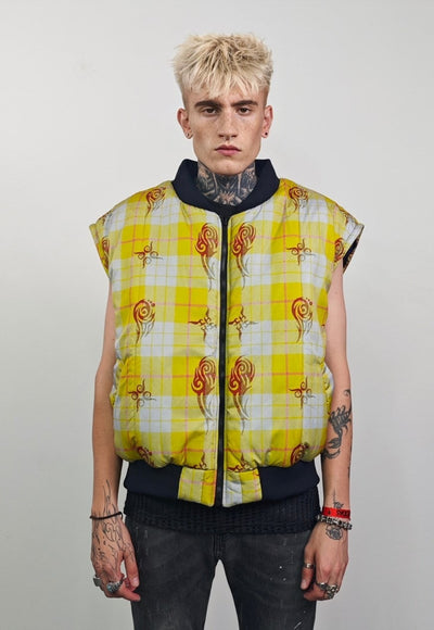 Tattoo print varsity jacket blue tartan reversible bomber