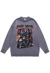 Motorcycle sweater biker print knit distressed jumper black