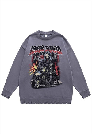 Motorcycle sweater biker print knit distressed jumper black