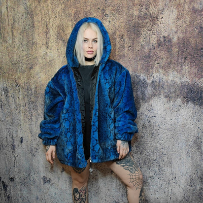 Luxury snake jacket faux fur python print bomber handmade detachable fluffy fleece puffer premium grunge hooded coat in blue