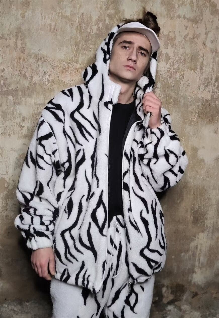 Gothic fleece bomber 2 in 1 detachable handmade zebra jacket