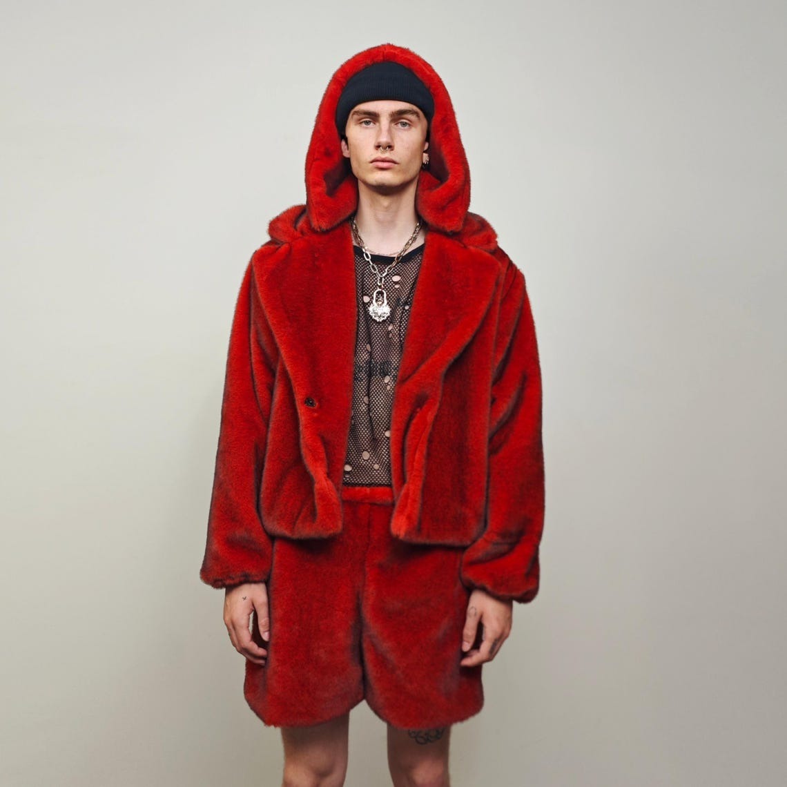 Red faux fur shorts going out party hotpants handmade cropped luxury trousers exclusive joggers festival fleece set