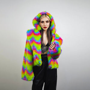 Rainbow faux fur coat crop striped trench festival zigzag jacket furry overcoat carnival bomber party peacoat psycho wide rave fleece Green