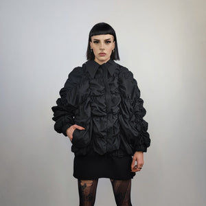 Pleated bomber jacket wrinkled grunge varsity high fashion edgy coat Gothic varsity 3D pocket jacket in black