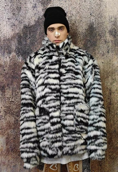 Tiger fleece jacket faux fur zebra fluffy bomber in white