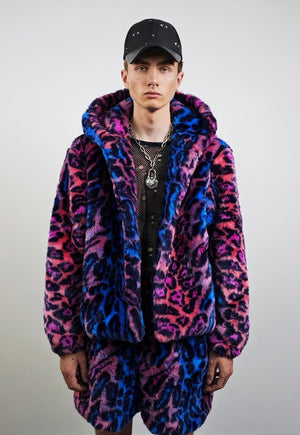 Neon leopard hooded jacket blue cropped animal print bomber