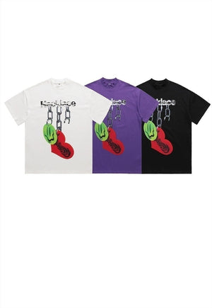 Emoji print t-shirt grunge tee retro raver chain top purple