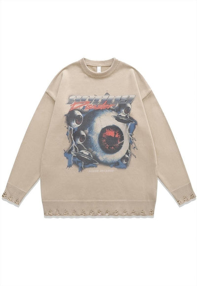 Alien sweater knitted distressed UFO print jumper in grey