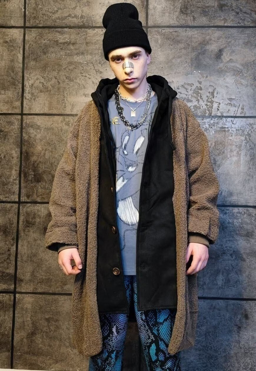 Double layer fleece jacket retro hooded bomber black brown