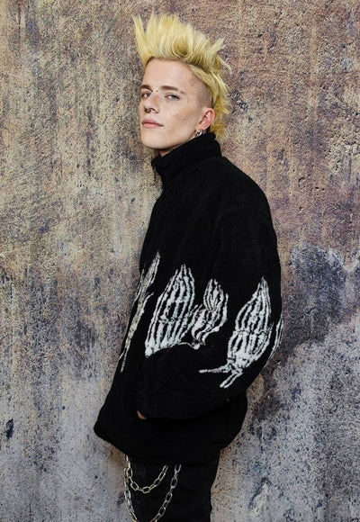 Bones fleece jacket faux fur grunge skeleton bomber in black