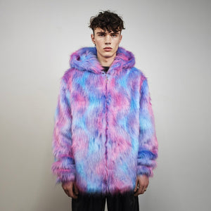 Neon faux fur jacket collarless pastel coat bright raver bomber fluffy rainbow fleece luminous festival pullover burning man overcoat blue