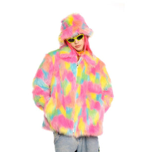 Luminous shaggy faux fur jacket luxury raver bomber fluffy festival coat fleece premium party bomber neon burning man coat in dark blue