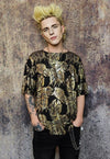 Golden foil t-shirt shiny print tee grunge drop shoulder top