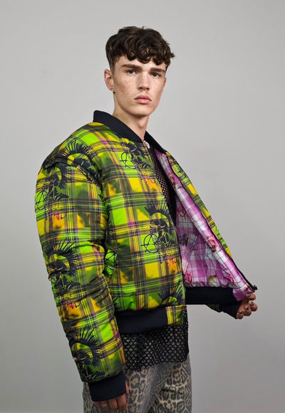 Punk check varsity jacket green check reversible rave bomber