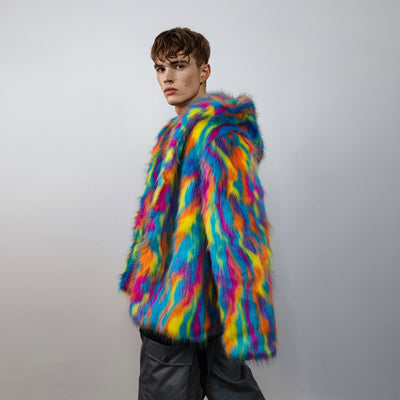 Hooded faux fur psychedelic jacket 70s bomber neon raver coat fluffy tie-dye fleece festival trench burning man going out overcoat blue pink