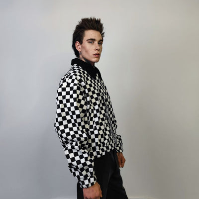 Check print bomber jacket Chequerboard varsity SKA aviator chess pattern coat in black and white