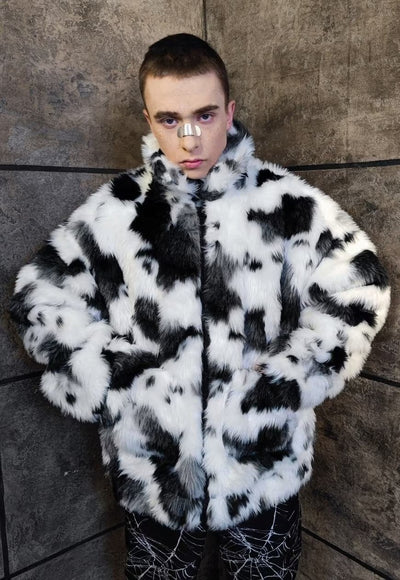 Cow fleece jacket punk faux fur fluffy animal bomber white