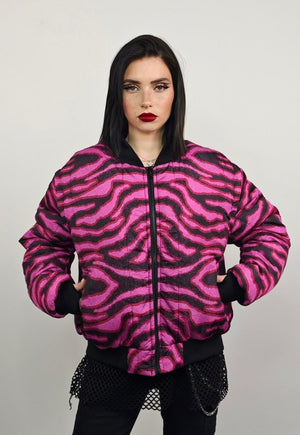 Zebra print varsity jacket pink striped reversible bomber